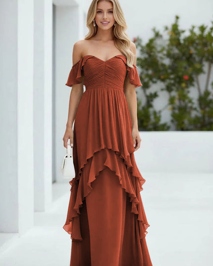 Chiffon Off the Shoulder Pleated Tiered Bridesmaid Dresses