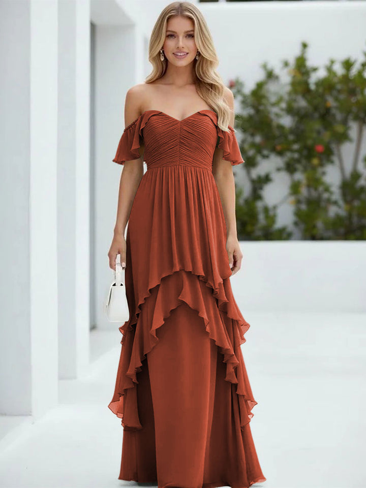 Chiffon Off the Shoulder Pleated Tiered Formal Dresses