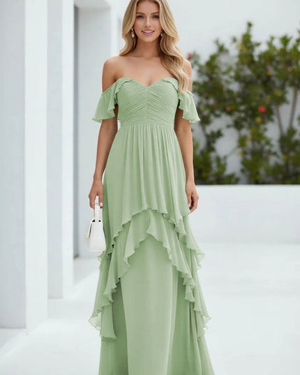 Chiffon Off the Shoulder Pleated Tiered Bridesmaid Dresses