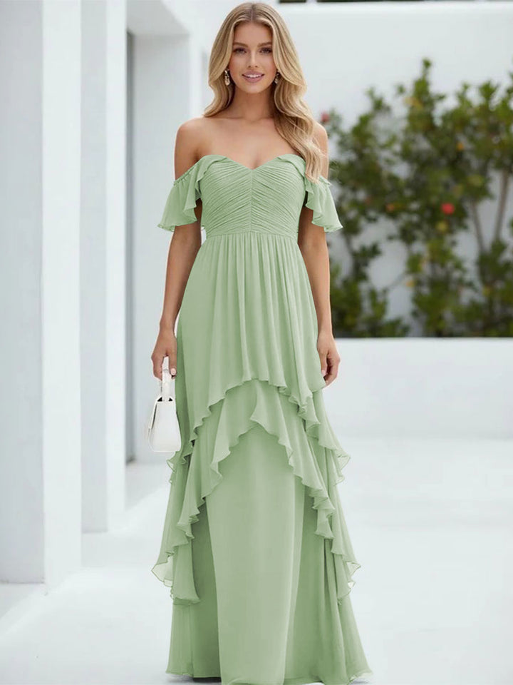 Chiffon Off the Shoulder Pleated Tiered Formal Dresses