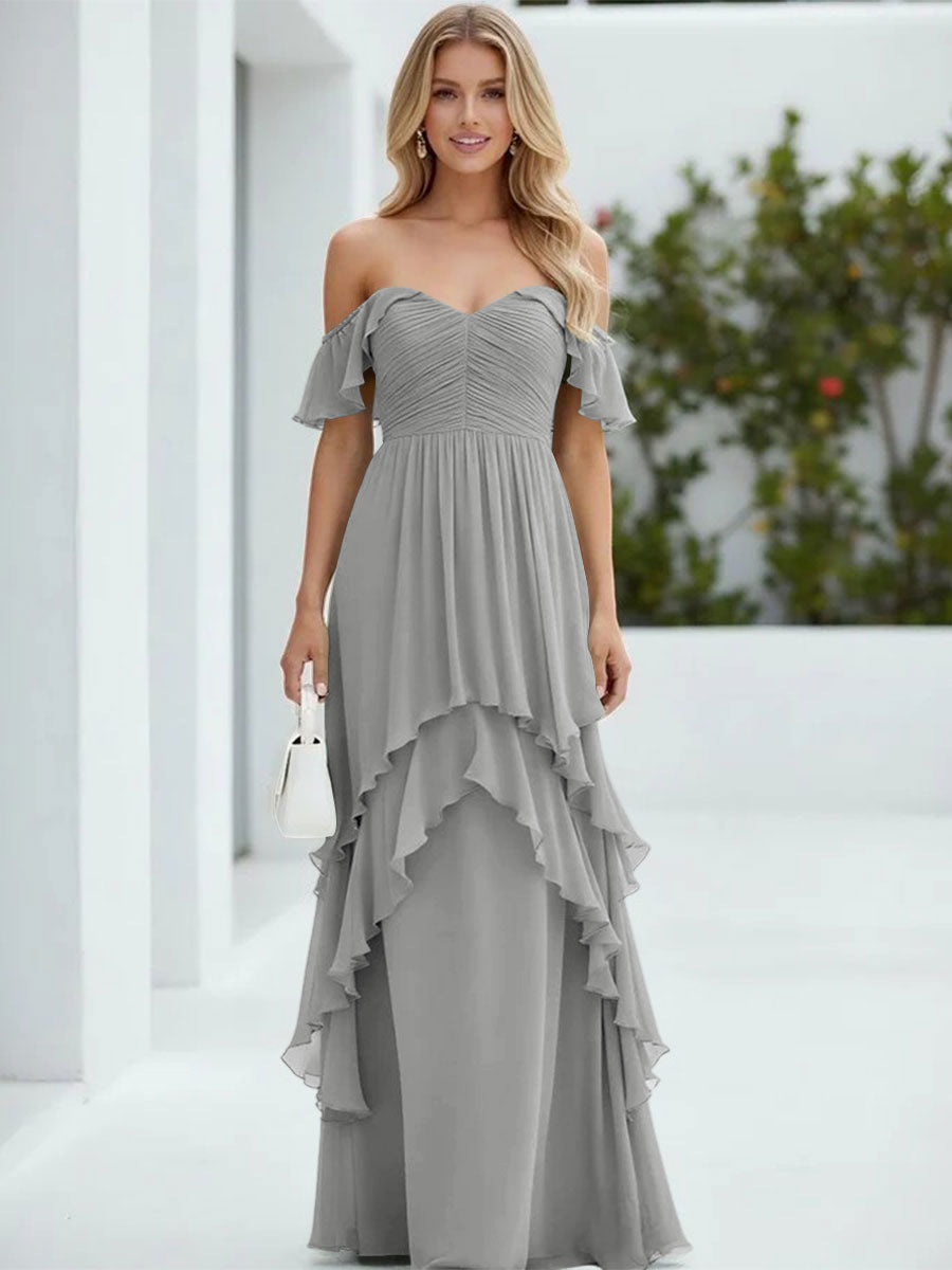 Chiffon Off the Shoulder Pleated Tiered Formal Dresses