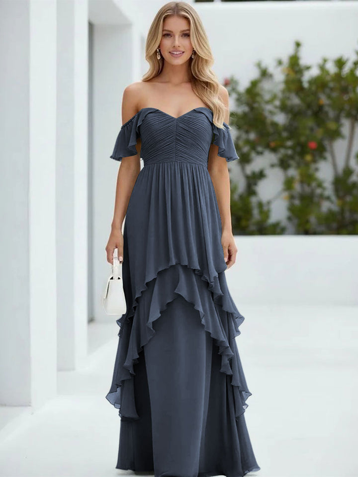 Chiffon Off the Shoulder Pleated Tiered Formal Dresses