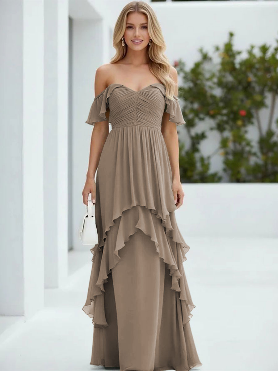 Chiffon Off the Shoulder Pleated Tiered Formal Dresses