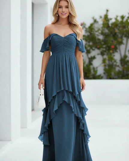 Chiffon Off the Shoulder Pleated Tiered Bridesmaid Dresses