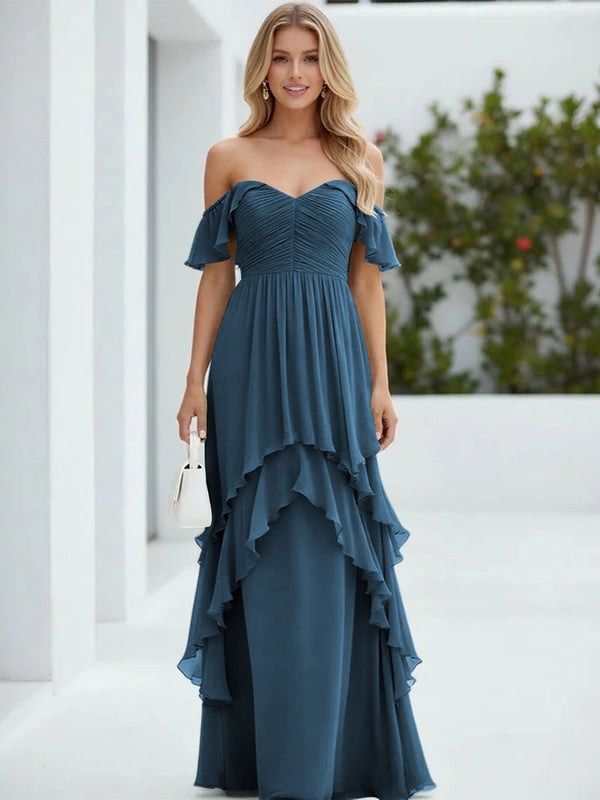 Chiffon Off the Shoulder Pleated Tiered Bridesmaid Dresses