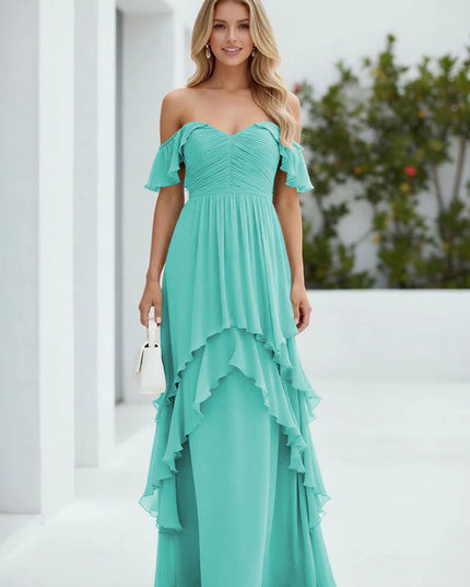 Chiffon Off the Shoulder Pleated Tiered Bridesmaid Dresses