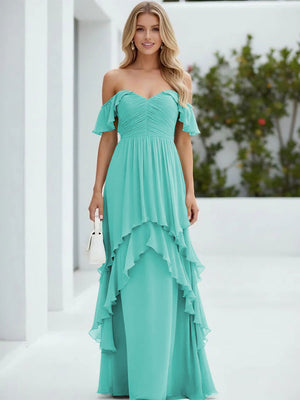 Chiffon Off the Shoulder Pleated Tiered Bridesmaid Dresses