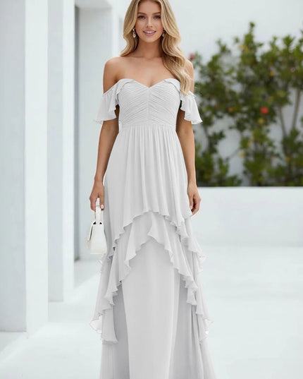 Chiffon Off the Shoulder Pleated Tiered Bridesmaid Dresses