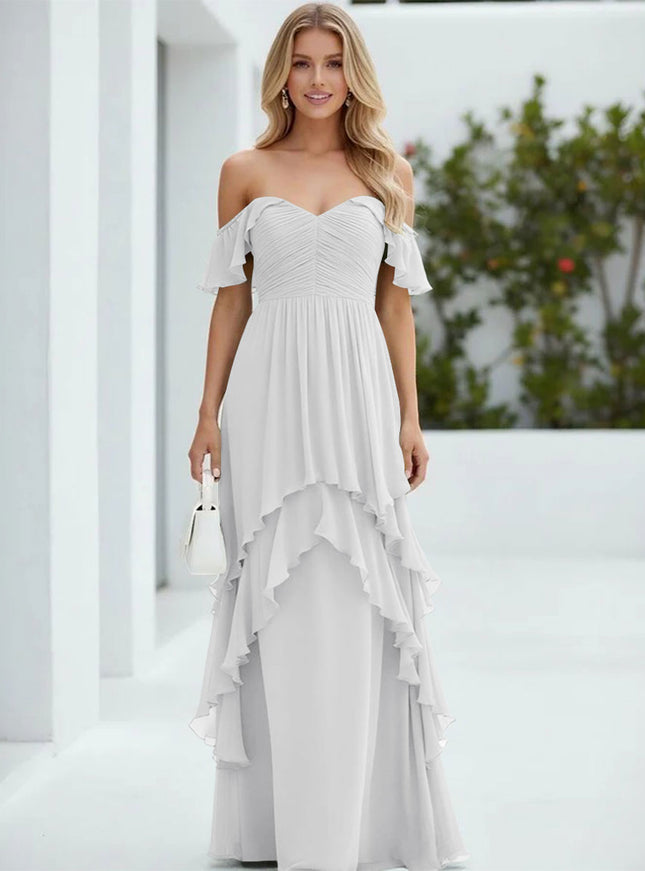 Chiffon Off the Shoulder Pleated Tiered Bridesmaid Dresses