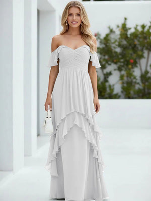 Chiffon Off the Shoulder Pleated Tiered Bridesmaid Dresses