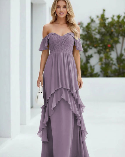 Chiffon Off the Shoulder Pleated Tiered Bridesmaid Dresses