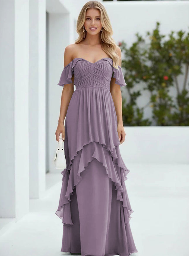 Chiffon Off the Shoulder Pleated Tiered Bridesmaid Dresses