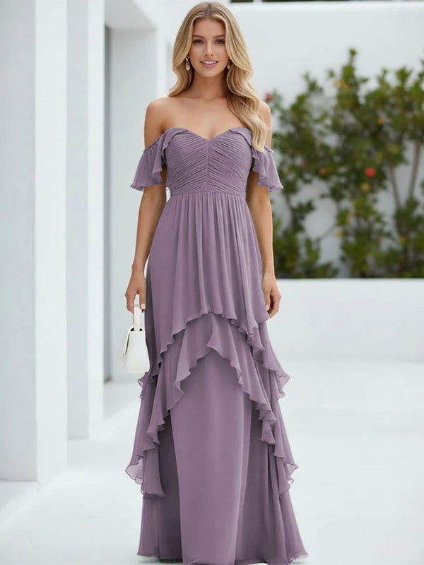 Chiffon Off the Shoulder Pleated Tiered Bridesmaid Dresses