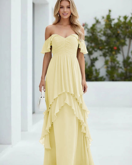 Chiffon Off the Shoulder Pleated Tiered Bridesmaid Dresses