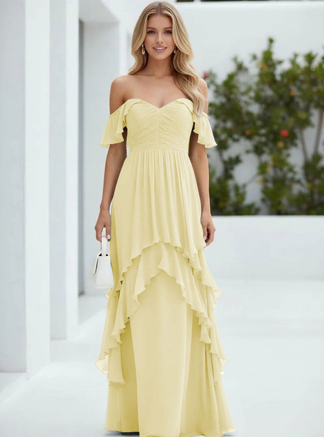 Chiffon Off the Shoulder Pleated Tiered Bridesmaid Dresses