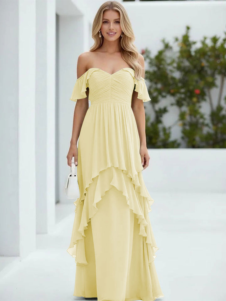 Chiffon Off the Shoulder Pleated Tiered Formal Dresses
