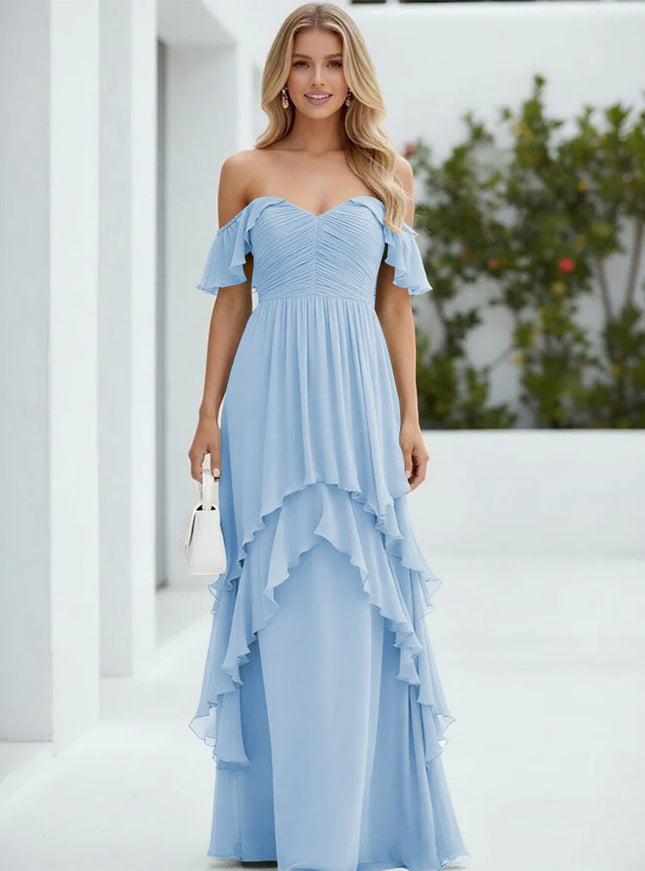 Chiffon Off the Shoulder Pleated Tiered Bridesmaid Dresses