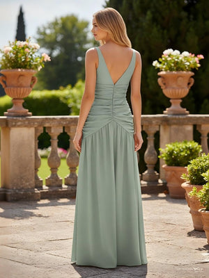 Satin V Neck Corset Ruffles Pleated Bridesmaid Dresses