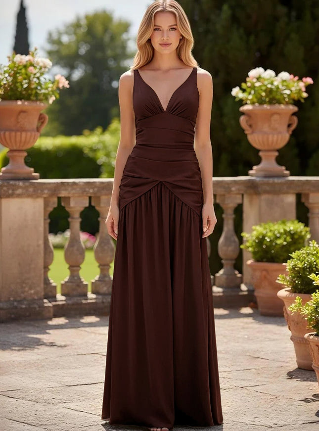 Satin V Neck Corset Ruffles Pleated Bridesmaid Dresses