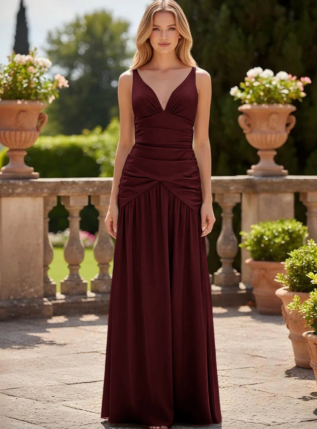 Satin V Neck Corset Ruffles Pleated Bridesmaid Dresses