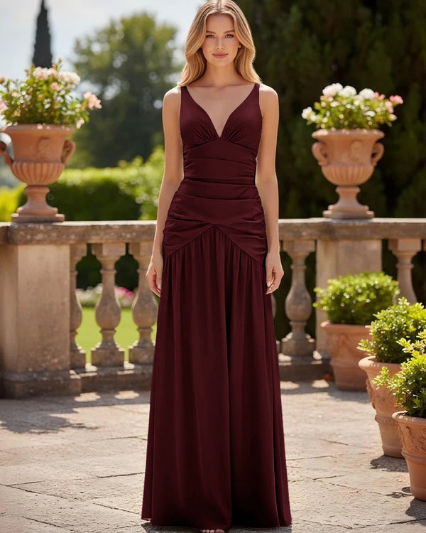 Satin V Neck Corset Ruffles Pleated Bridesmaid Dresses