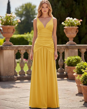 Satin V Neck Corset Ruffles Pleated Bridesmaid Dresses