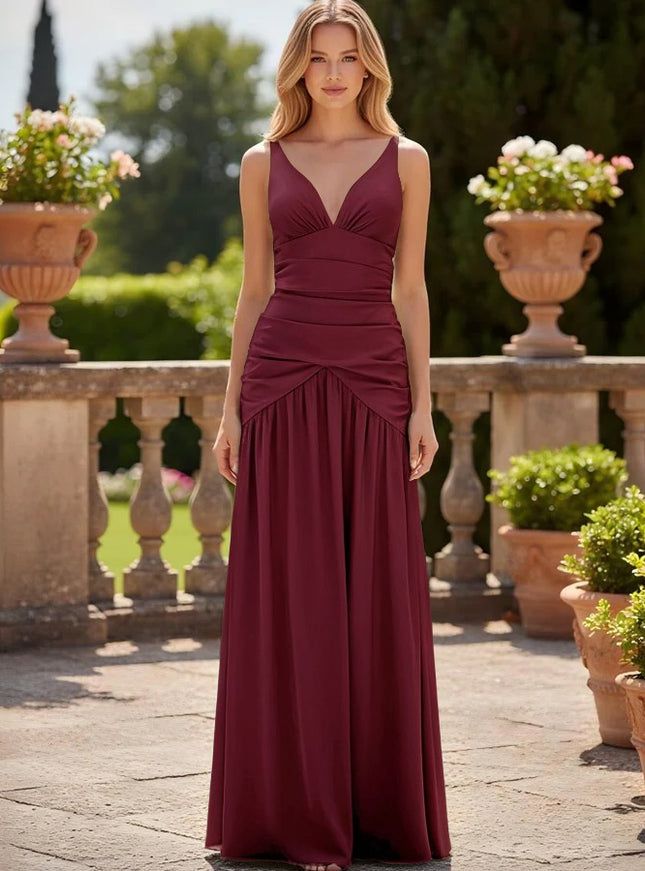 Satin V Neck Corset Ruffles Pleated Bridesmaid Dresses
