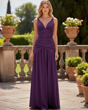 Satin V Neck Corset Ruffles Pleated Bridesmaid Dresses