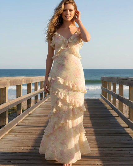 Spaghetti Straps Floral Ruffles Bridesmaid Dresses