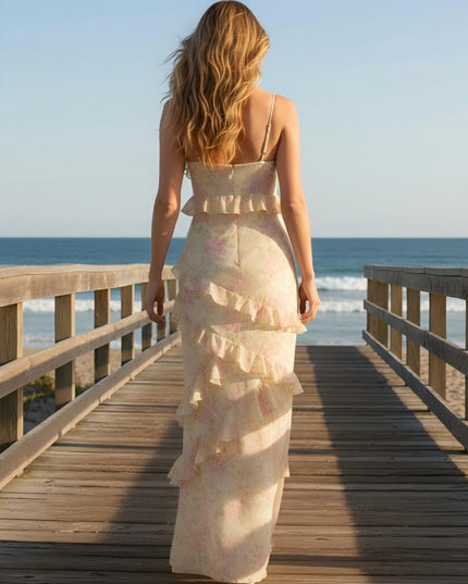 Spaghetti Straps Floral Ruffles Bridesmaid Dresses