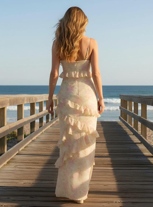 Spaghetti Straps Floral Ruffles Bridesmaid Dresses