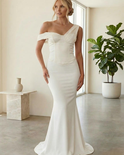 Satin Off the Shoulder Drop Waist Mermaid Bridesmaid Dresses