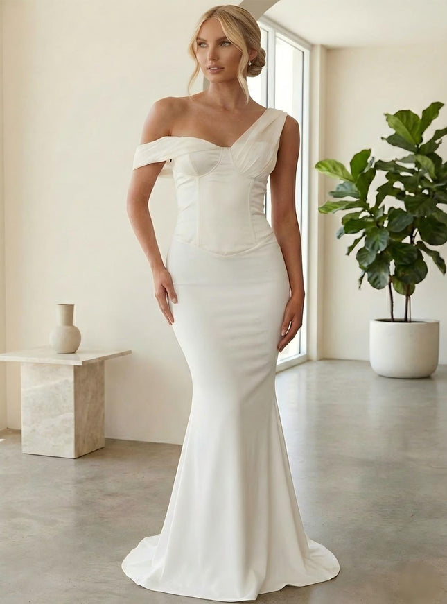 Satin Off the Shoulder Drop Waist Mermaid Bridesmaid Dresses