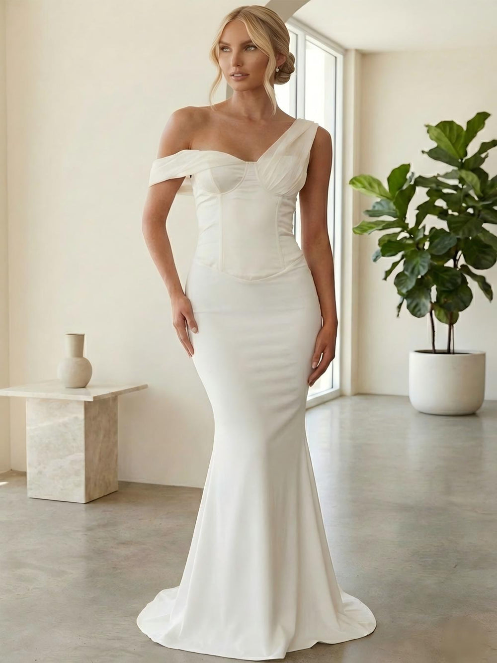 Satin Off the Shoulder Drop Waist Mermaid Bridesmaid Dresses