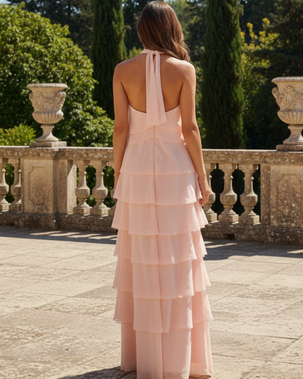 Chiffon 3D Flowers Halter Tiered Ruffles Bridesmaid Dresses