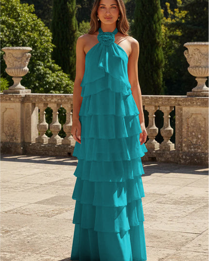 Chiffon 3D Flowers Halter Tiered Ruffles Bridesmaid Dresses