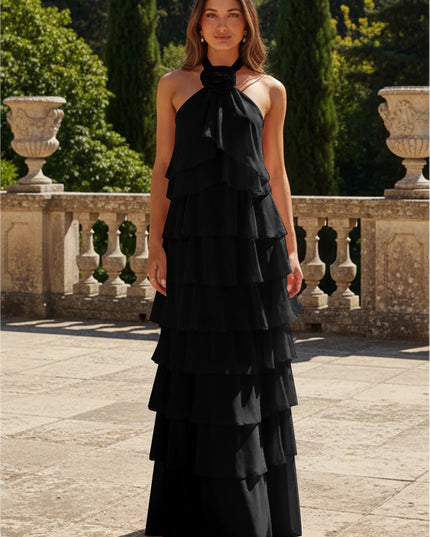 Chiffon 3D Flowers Halter Tiered Ruffles Bridesmaid Dresses
