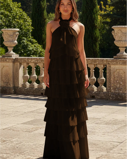 Chiffon 3D Flowers Halter Tiered Ruffles Bridesmaid Dresses