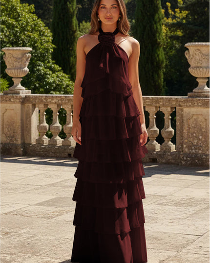 Chiffon 3D Flowers Halter Tiered Ruffles Bridesmaid Dresses