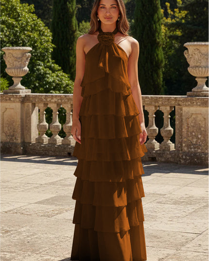 Chiffon 3D Flowers Halter Tiered Ruffles Bridesmaid Dresses