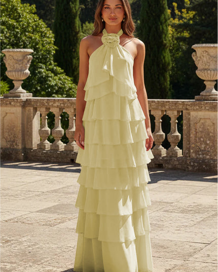 Chiffon 3D Flowers Halter Tiered Ruffles Bridesmaid Dresses