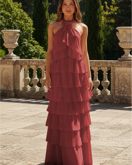 Chiffon 3D Flowers Halter Tiered Ruffles Bridesmaid Dresses