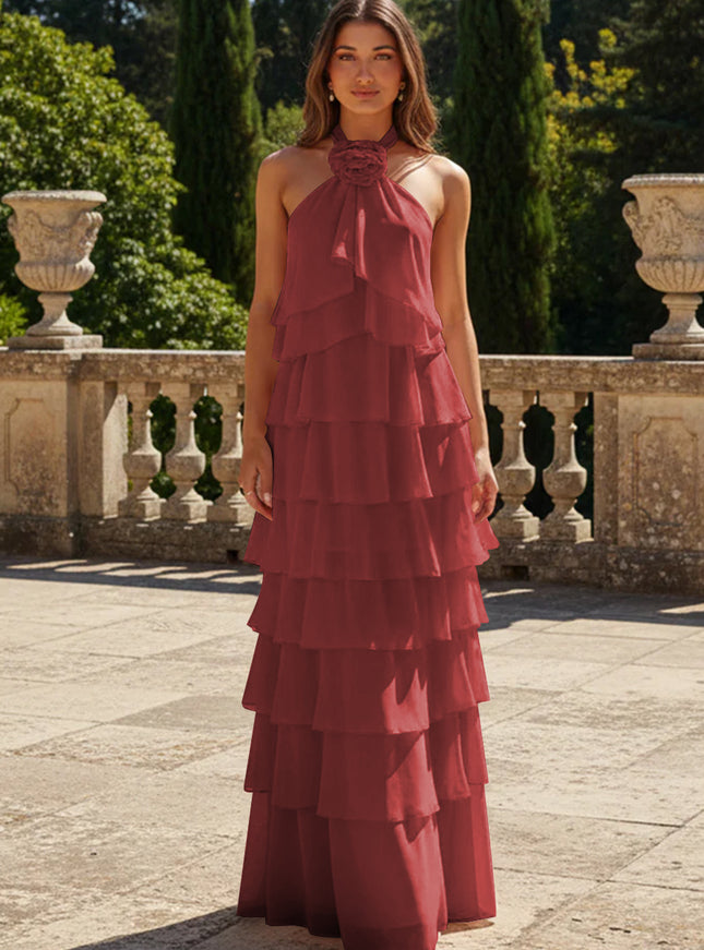 Chiffon 3D Flowers Halter Tiered Ruffles Bridesmaid Dresses