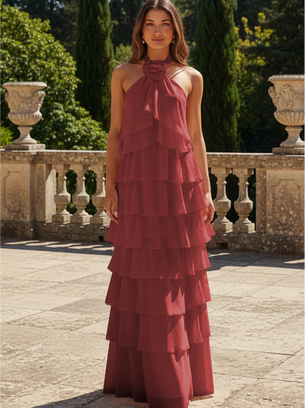 Chiffon 3D Flowers Halter Tiered Ruffles Formal Dresses