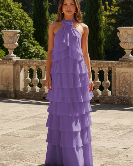 Chiffon 3D Flowers Halter Tiered Ruffles Bridesmaid Dresses