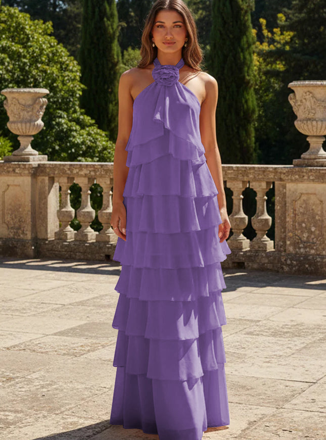Chiffon 3D Flowers Halter Tiered Ruffles Bridesmaid Dresses