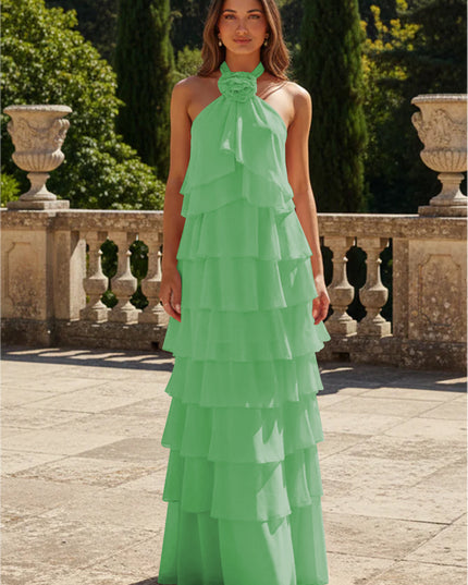 Chiffon 3D Flowers Halter Tiered Ruffles Bridesmaid Dresses