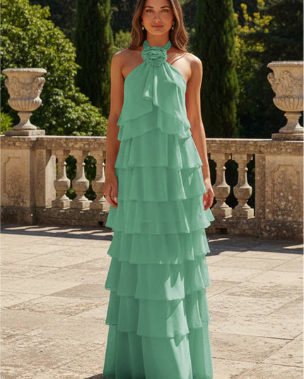Chiffon 3D Flowers Halter Tiered Ruffles Bridesmaid Dresses