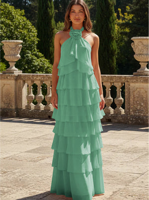 Chiffon 3D Flowers Halter Tiered Ruffles Formal Dresses