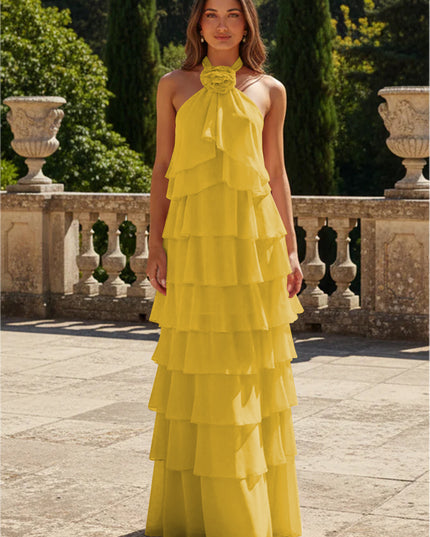 Chiffon 3D Flowers Halter Tiered Ruffles Bridesmaid Dresses